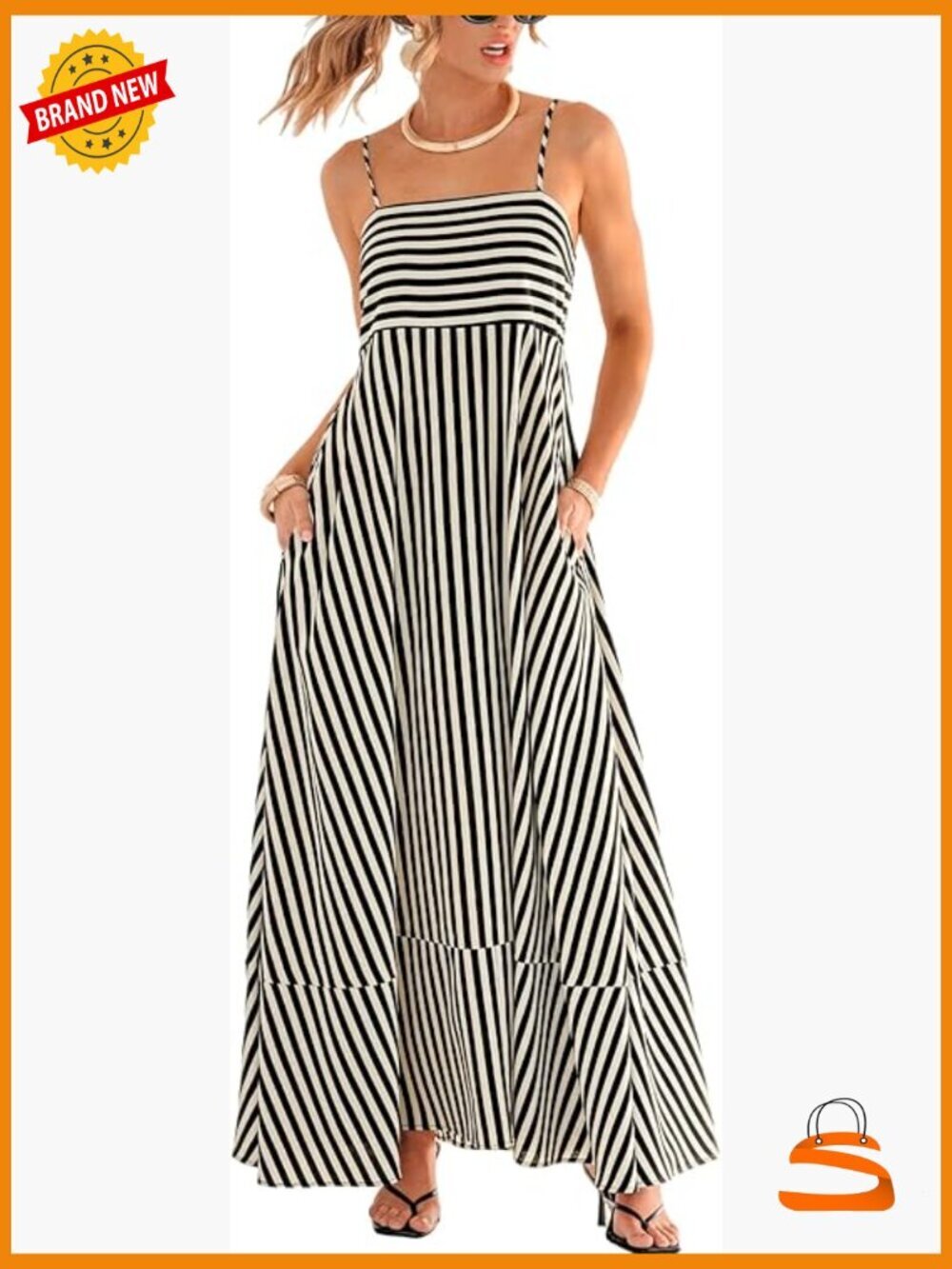 Maxi Dress Sleeveless Square Neck Striped Long Dress with Pockets